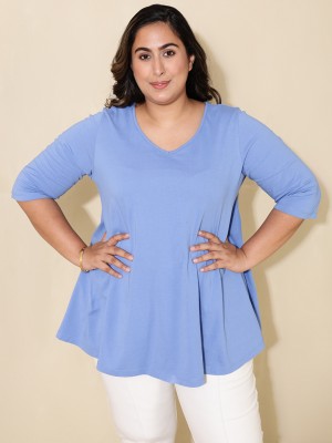 Amydus Solid Women V Neck Blue T-Shirt