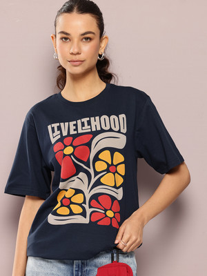 DILLINGER Printed Women Round Neck Navy Blue T-Shirt