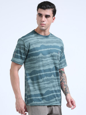 Just Live Fashion Striped Men Round Neck Green T-Shirt