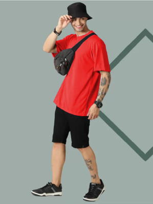 Sahuone Solid Men Round Neck Red T-Shirt