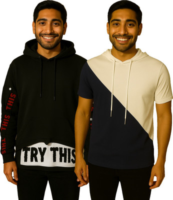 Try This Printed Men Hooded Neck Black, Blue T-Shirt
