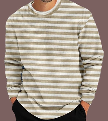 TELOXY Striped Men Round Neck Yellow T-Shirt