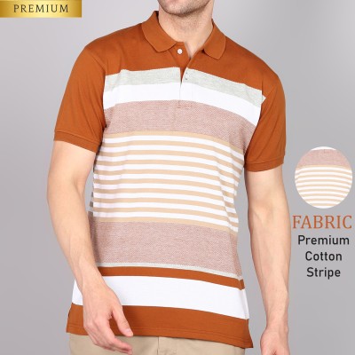 3BROS Striped Men Polo Neck Brown T-Shirt