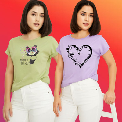 Parona Graphic Print Women Round Neck Green, Purple T-Shirt