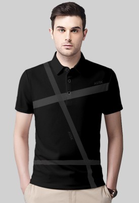 AOOSH Printed Men Polo Neck Black T-Shirt