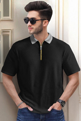 TRIPR Self Design Men Polo Neck Black, Grey T-Shirt
