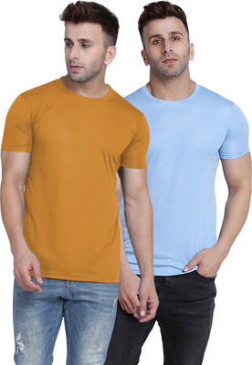 TQH Solid Men Round Neck Yellow, Light Blue T-Shirt
