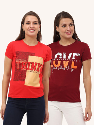 FEDAMSEL Printed, Typography Women Round Neck Red, Maroon T-Shirt