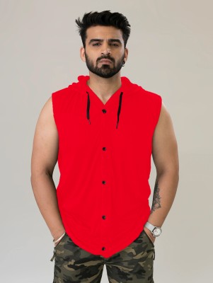 GEUM Solid Men Hooded Neck Red T-Shirt