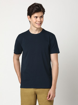 StitchHub Solid Men Round Neck Navy Blue T-Shirt