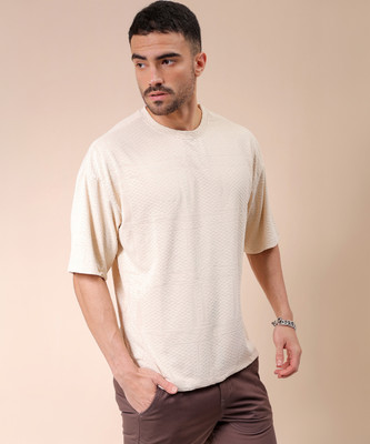 The Indian Garage Co. Self Design Men Crew Neck Beige T-Shirt