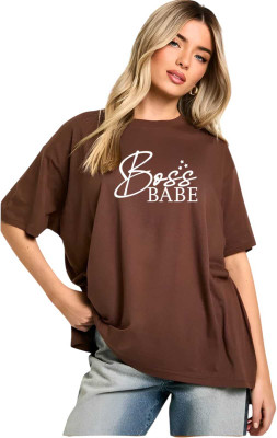 Fluffy Enterprises Printed Women Round Neck Brown T-Shirt