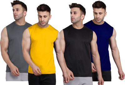 UDI n ADI Solid Men Round Neck Yellow, Grey, Black, Navy Blue T-Shirt