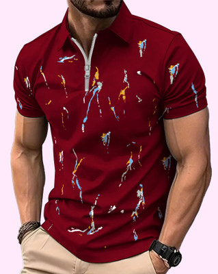ENITOR Printed Men Zip Neck Maroon T-Shirt