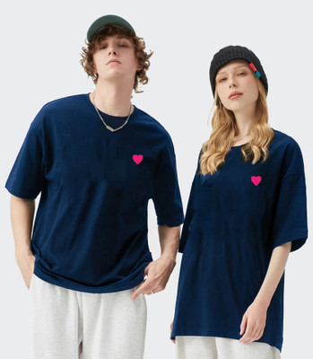 BEING WANTED Solid Couple Round Neck Dark Blue T-Shirt