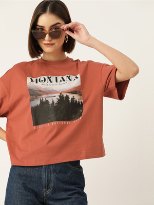 Dressberry Printed Women Round Neck Brown T-Shirt
