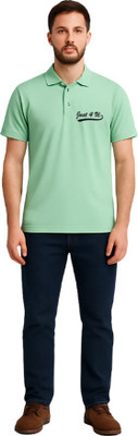 Blooming Solid, Printed Men Polo Neck Green T-Shirt