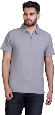 AMOLDO Self Design Men Polo Neck Silver T-Shirt