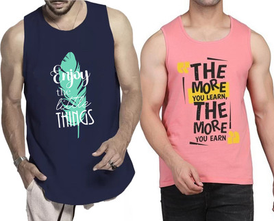 WOOSTRO Printed Men Round Neck Navy Blue, Pink T-Shirt