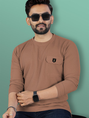 VeBNoR Self Design Men Round Neck Brown T-Shirt