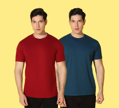 WOOSTRO Solid Men Round Neck Blue, Maroon T-Shirt
