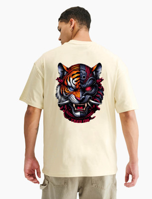 BubbleTwyst Printed Men Round Neck Beige T-Shirt