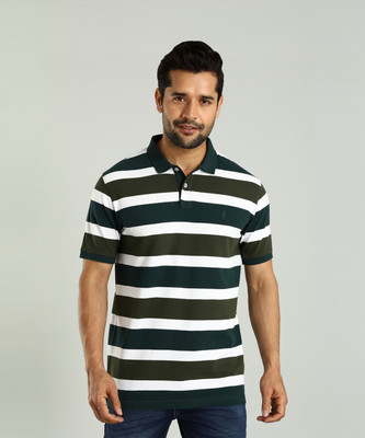 INDIAN TERRAIN Striped Men Polo Neck Green T-Shirt