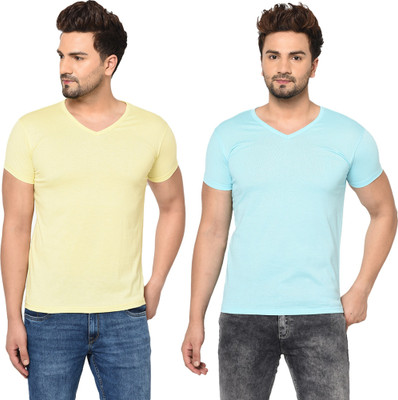Tresna Fab Solid Men V Neck Blue, Yellow T-Shirt