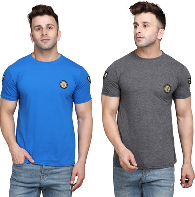 Lawful Casual Solid Men Round Neck Blue, Grey T-Shirt