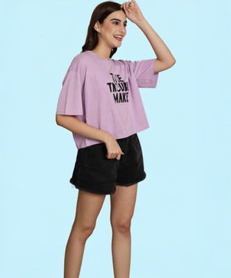 TOM AND JERRY by DreamBe Printed, Typography Women Round Neck Purple T-Shirt