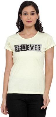 CANTABIL Printed Women Round Neck Yellow T-Shirt