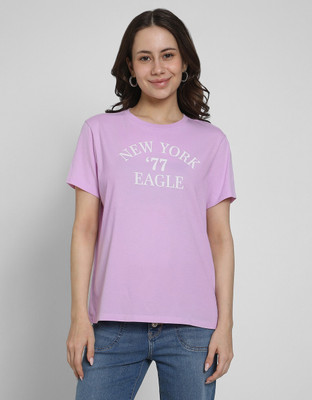 American Eagle Printed Women Crew Neck Purple T-Shirt