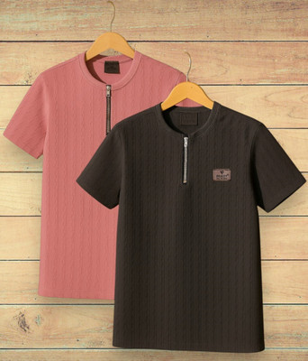 QUINTON Solid Men Round Neck Black, Pink T-Shirt