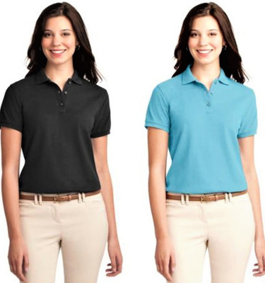 maketin Solid Women Polo Neck Black, Blue T-Shirt