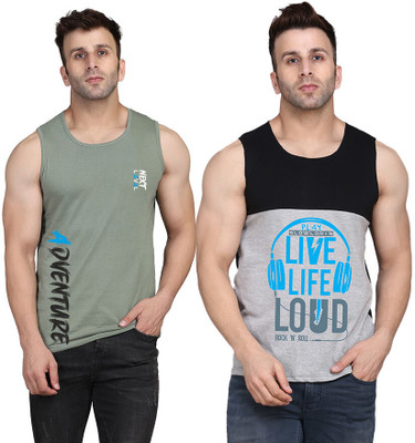 SLOWLORIS Printed Men Round Neck Black, Grey, Light Green T-Shirt