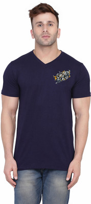 Blisstone Printed Men V Neck Dark Blue T-Shirt