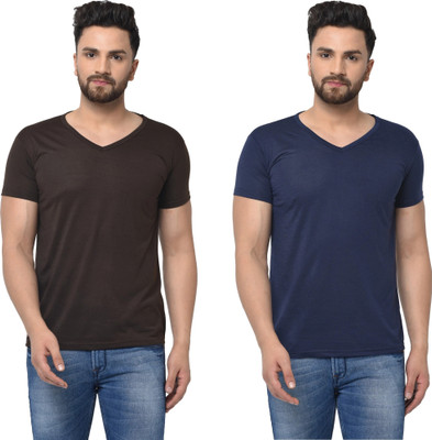 JB Jangoboy Solid Men V Neck Dark Blue, Brown T-Shirt