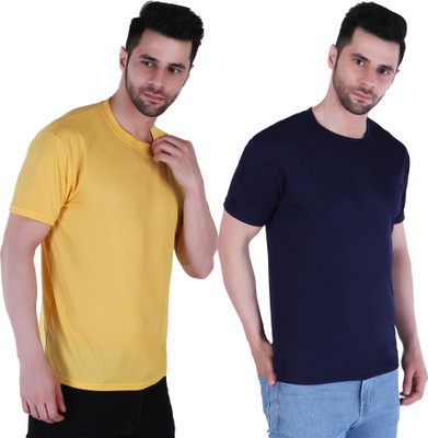 PICKURTEE Solid Men Round Neck Yellow, Dark Blue T-Shirt