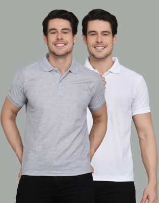 INKKR Solid Men Polo Neck White, Grey T-Shirt