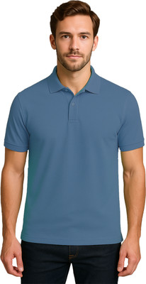 BENKNDIA Solid Men Polo Neck Blue T-Shirt