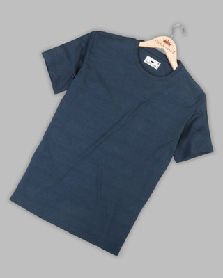 french crown Solid Men Round Neck Blue T-Shirt
