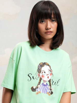 Tokyo Talkies Printed Women Round Neck Green T-Shirt