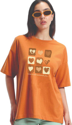 V-Mens Printed Women Round Neck Orange T-Shirt