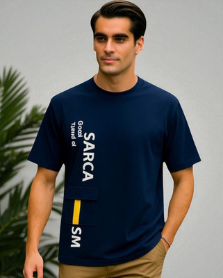 TrendShaper Printed Men Round Neck Navy Blue T-Shirt