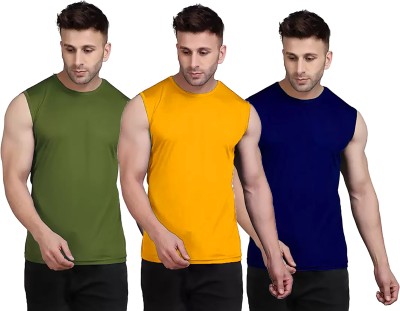 Renowned Solid Men Round Neck Dark Green, Yellow, Dark Blue T-Shirt