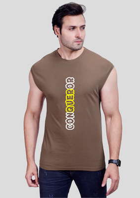 I&D Printed Men Round Neck Brown T-Shirt