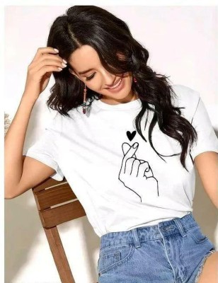 Madhav Creation Printed Women Round Neck White T-Shirt