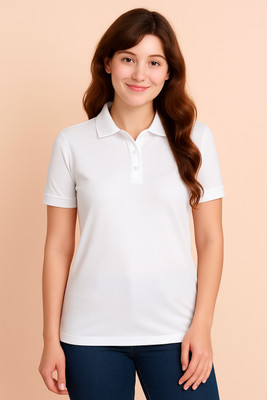 Fleximaa Solid Women Polo Neck White T-Shirt