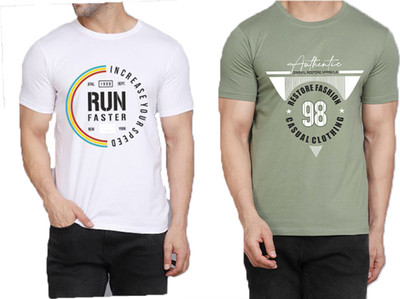 WOOSTRO Printed Men Round Neck White, Light Green T-Shirt