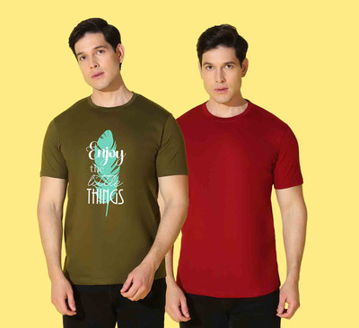 WOOSTRO Printed, Solid Men Round Neck Green, Maroon T-Shirt